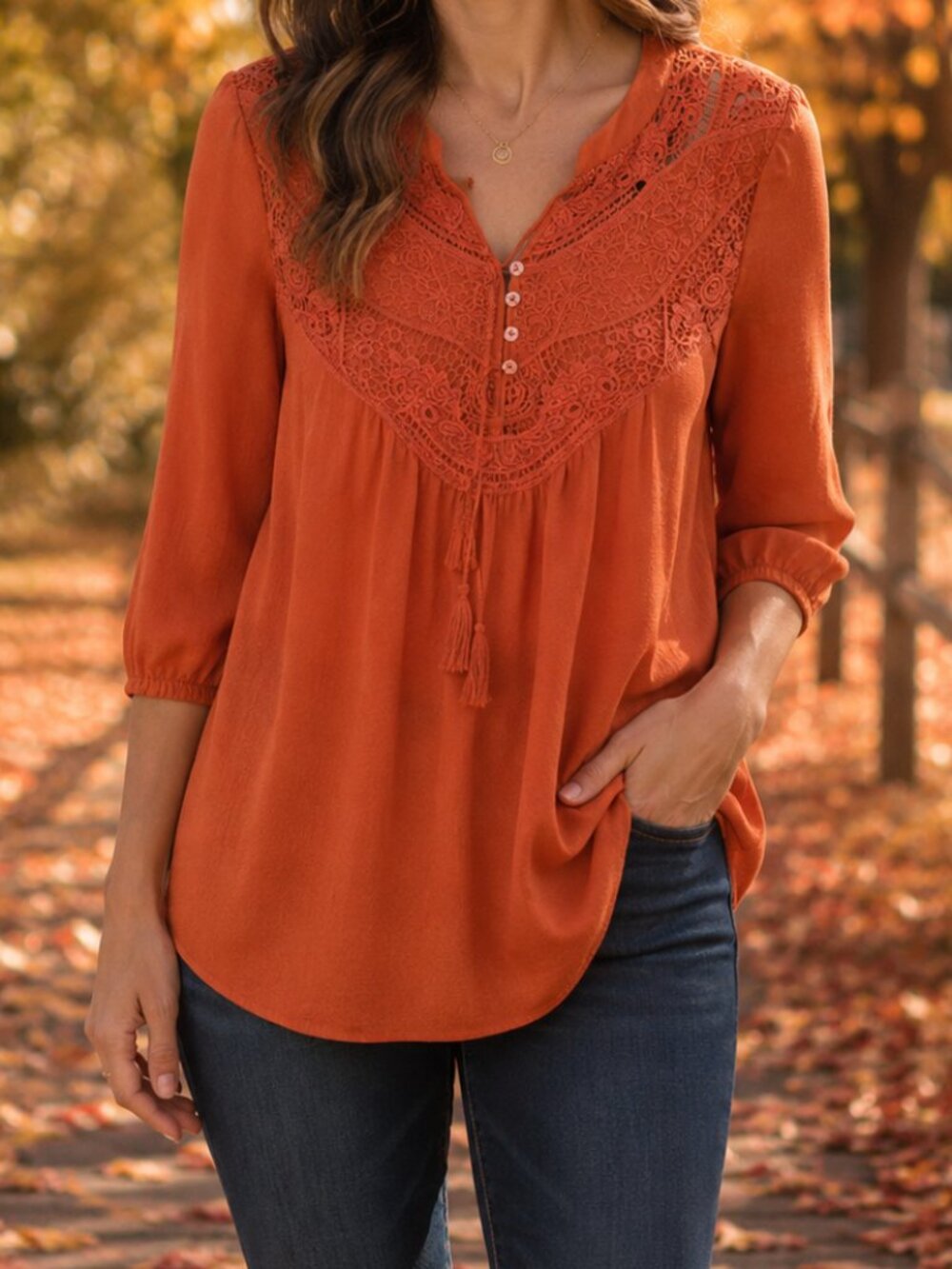 Women's Xhilaration Burnt Orange 3/4 Sleeve Boho Crochet Peasant Blouse -Size XS